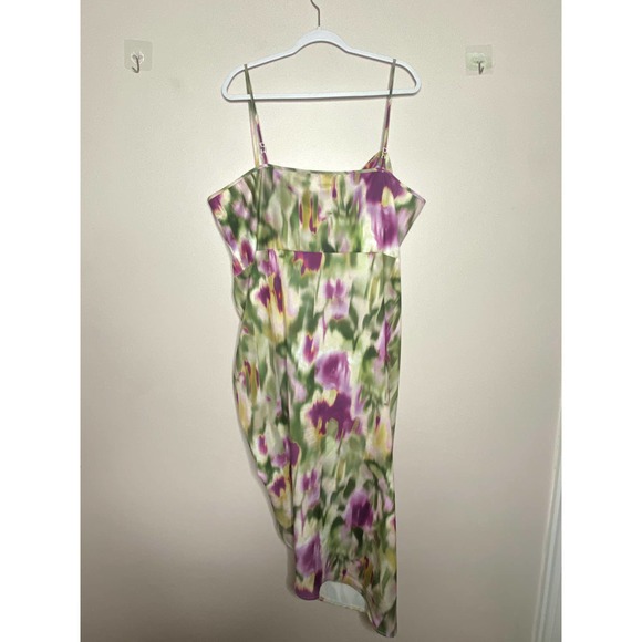 Cider | Dresses | Cider Curve Plus Illusion Ruched Midi Dress Purple Green Watercolor Corset 4xl 